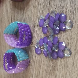 Purple and turquoise set earrings and 2 bracelets